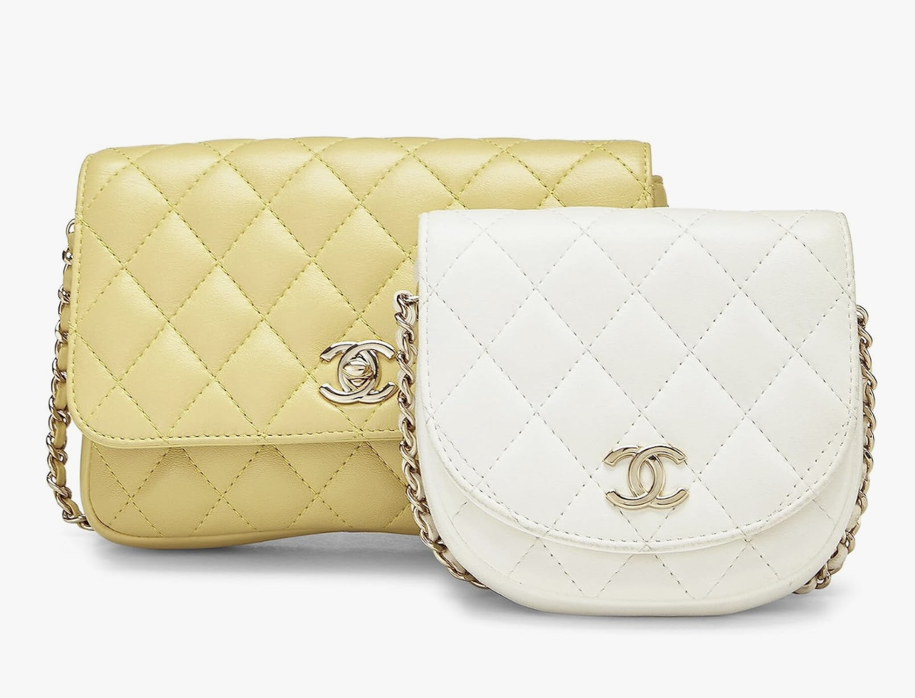CHANEL<br />
Pre-Loved Yellow & White Quilted Lambskin Side Packs Bag